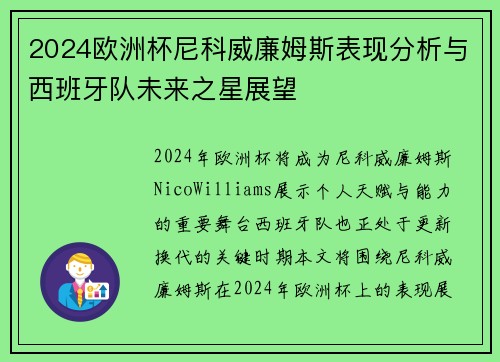 2024欧洲杯尼科威廉姆斯表现分析与西班牙队未来之星展望