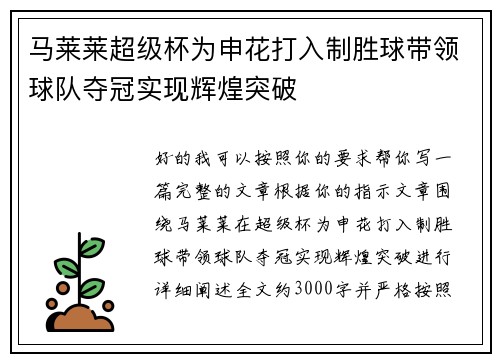 马莱莱超级杯为申花打入制胜球带领球队夺冠实现辉煌突破